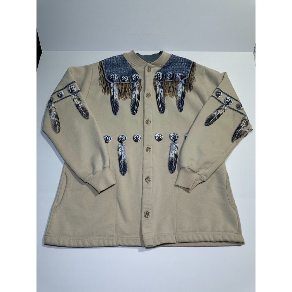 Art Unlimited Men’s Vintage Cardigan Native Feather Print Beige Button Up L